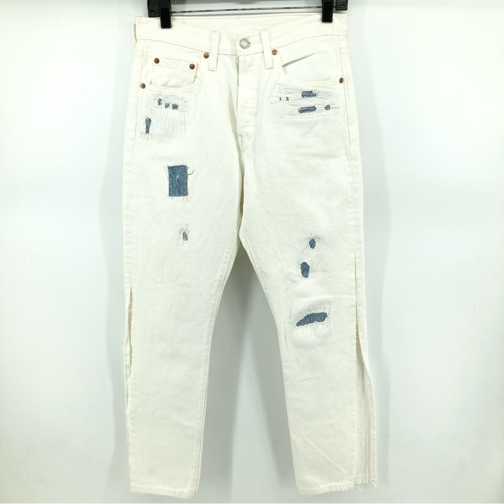 Rare Limited Levi’s Premium Big E 501 Skinny Distressed Patch Split Leg Jeans